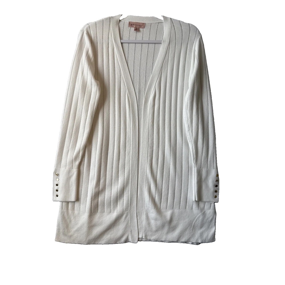 Philosophy White Rib Knit Duster Cardigan Sweater Gold Button M Quiet Luxury